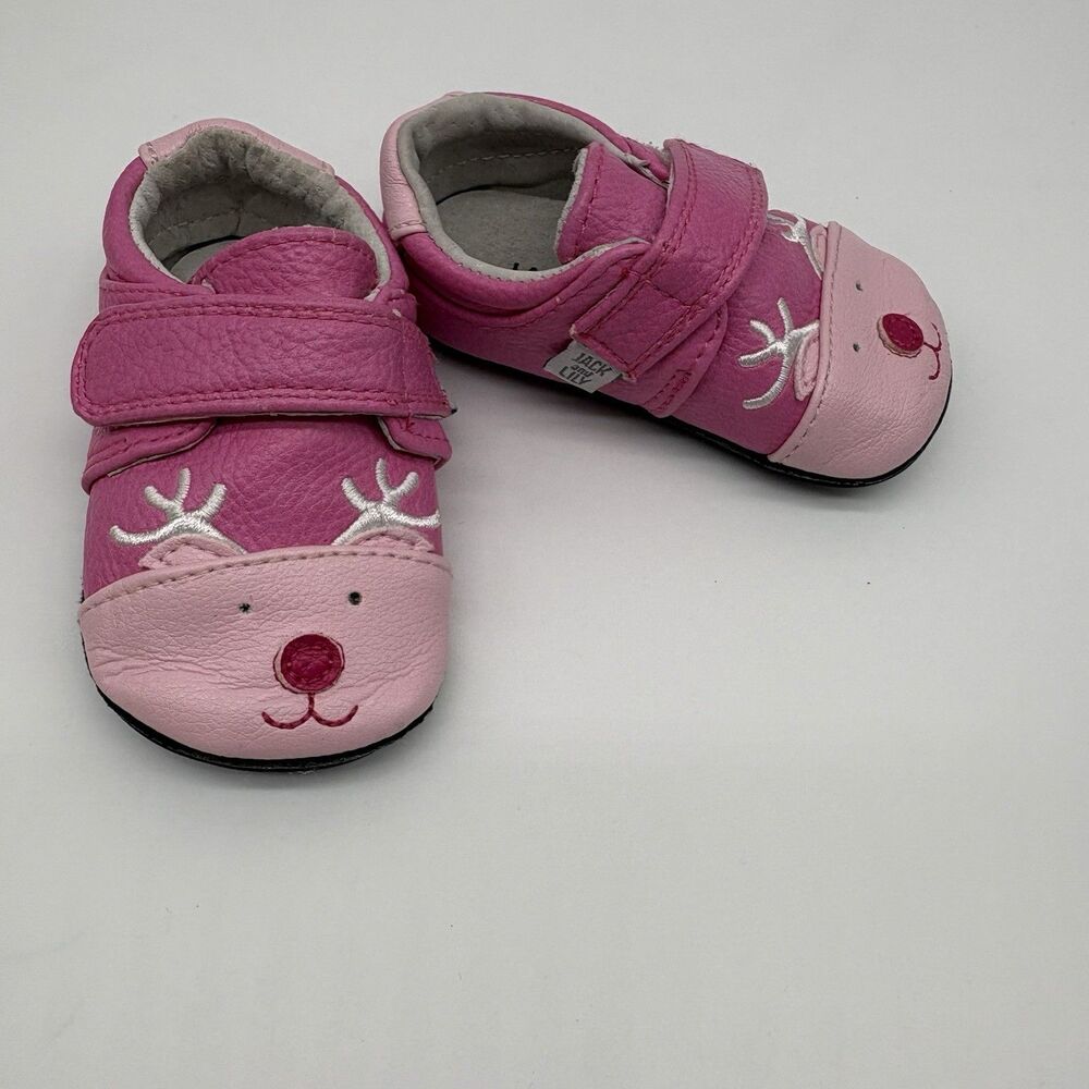 Jack & Lily Pink Leather Low Top Sneaker Hook & Loop Embroidered Reindeer